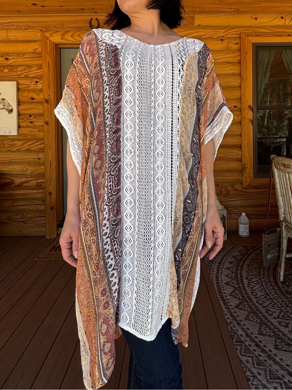 Simply Noelle Cream Crochet Panel Tunic with Brown & Tan Paisley Stripes